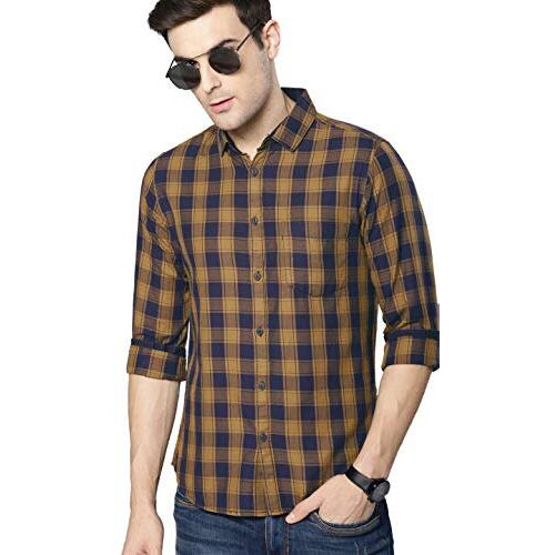Dennis Lingo Men's Cotton Full Sleeves Checkered Slim Fit Casual Shirt (Mustard, S)