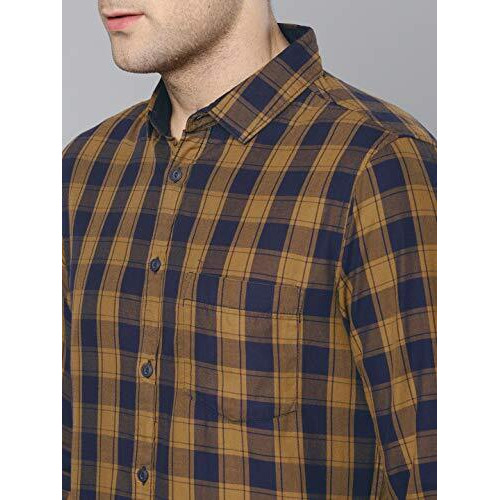 Dennis Lingo Men's Cotton Full Sleeves Checkered Slim Fit Casual Shirt (Mustard, S)