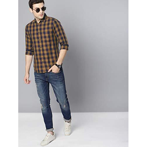 Dennis Lingo Men's Cotton Full Sleeves Checkered Slim Fit Casual Shirt (Mustard, S)