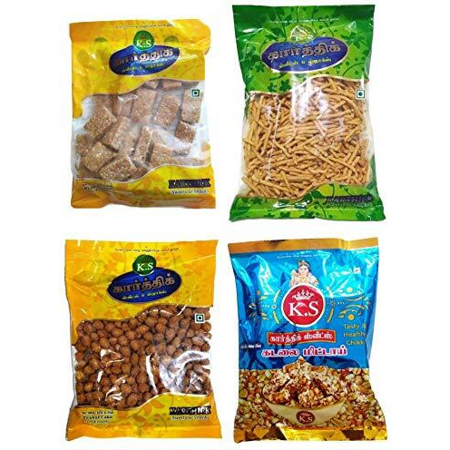 K.S Karthik - Kovilpatti Ko Ko Mittai 200Gm (Crushed Groundnut Chikki), Kadalai Mittai (Peanut Chikki Candy) 250Gm, Karasev 250Gm, Masala Kadalai (Peanuts) 200 Gm (900 Gm)