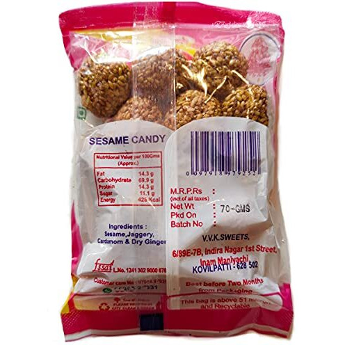 V.V.K.Sweets Kovilpatti White Sesame Candy Balls | Vellai Ellu Urundai | Pack Of 5 X 70Gm