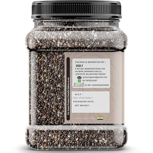 Groly Organic Premium Raw Chia Seeds 500Gm | Seeds For Weight Management | Rich In Calcium, Protein & Fibre | Beat The Heat | 100% Clean Chia Seeds For Eating | Antioxidant Rich Seed