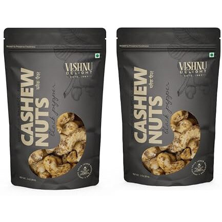 Vishnu Delight Crunchy Black Pepper Flavored Cashews 85Gm Pouch - Spicy, Delicious, And Perfect For Snacking Pack Of 2