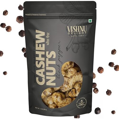 Vishnu Delight Crunchy Black Pepper Flavored Cashews 85Gm Pouch - Spicy, Delicious, And Perfect For Snacking Pack Of 2