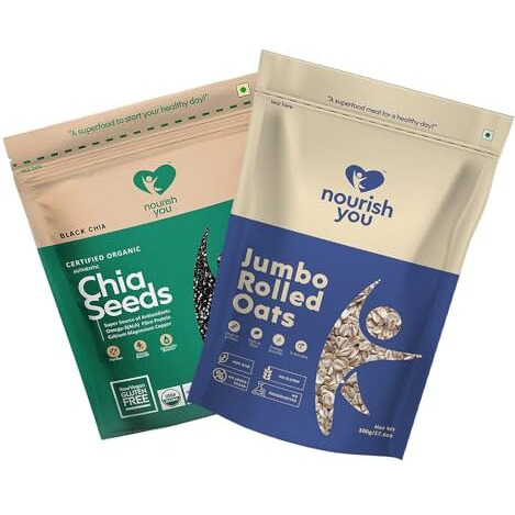 Nourish You Organic Combo Of Black Chia Seeds 500 G & Jumbo Rolled Oats 500 G |Usda Certified Grain | Gluten Free| Super Source Of Protein Fibre,Omega 3 & Antioxidant| Healthy Snacks