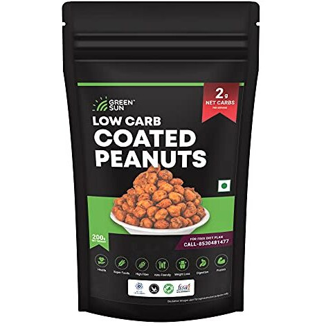 Green Sun Low Carb Coated Peanuts | Pack Of 1 | Healthy | Masala | Party Snacks | Crispy | Keto Friendly | Tasty Savoury Snack | Low Calorie
