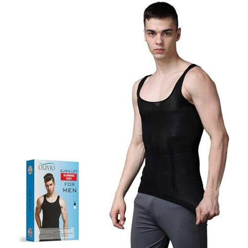 Olivio Compression Shirt Men Slimming Undershirt Body Shaper Vest, Gynecomastia Compression Tank Top For Men Tummy Control - Black & White - Large