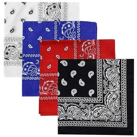 Dikhawa Unisex Soft Breathable Cotton Paisley Printed Cowboy Bandanas,Headband,Scarf (Black,Red,Royal Blue,White_50Cm X 50Cm_Pack Of 4)