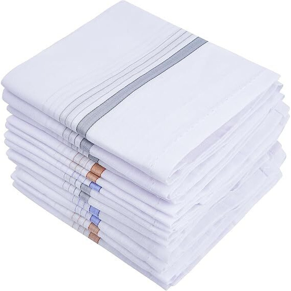Graffy Men's Cotton Handkerchief - Pack Of 12 Soft & Durable Hankies For Men | White Handkerchief With Color Border | Pure Cotton Kerchiefs For Gentlemen, Office, And Daily Use