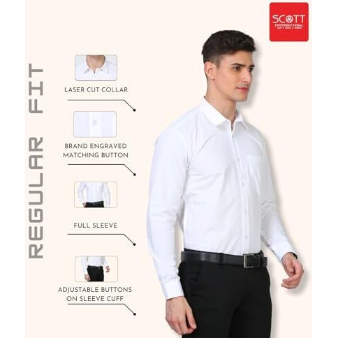 Scott International Shirt For Men, Solid Full Sleeves Shirt, Wrinkle Free Mens Shirts, Cotton Formal Shirts, Regular Fit Stylish Mens Shirt, Plain Formal Shirts For Men White