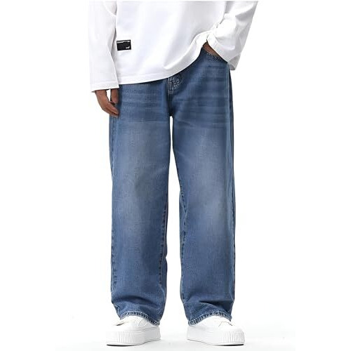 Ben Martin Men's Light Blue Denim Cotton Oversized Loose Baggy Fit High Rise Jeans Pants For Men, 32