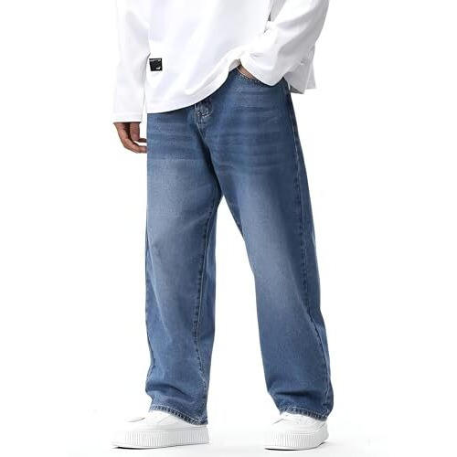 Ben Martin Men's Light Blue Denim Cotton Oversized Loose Baggy Fit High Rise Jeans Pants For Men, 32
