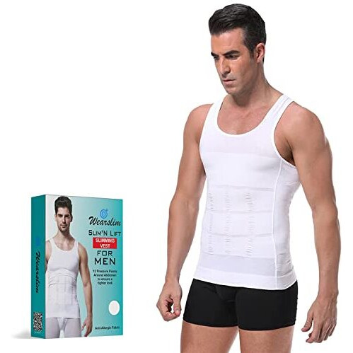 Wearslim MenS Slimming Body Shaper Vest Shirt | Abs Abdomen Slim Stretchable Tummy Tucker Vest - Size (Large) White