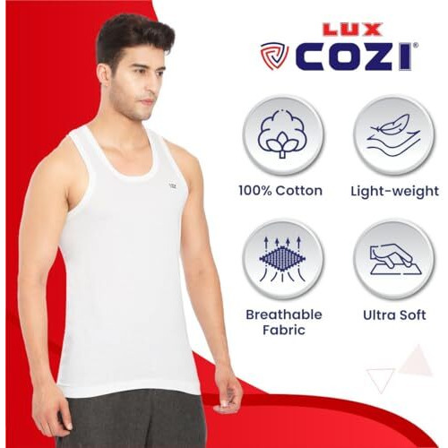 Lux Cozi 100% Cotton Men Sleeveless Round Neck Vest - Modern White Baniyan For Men, Pack Of 3 (White_90)