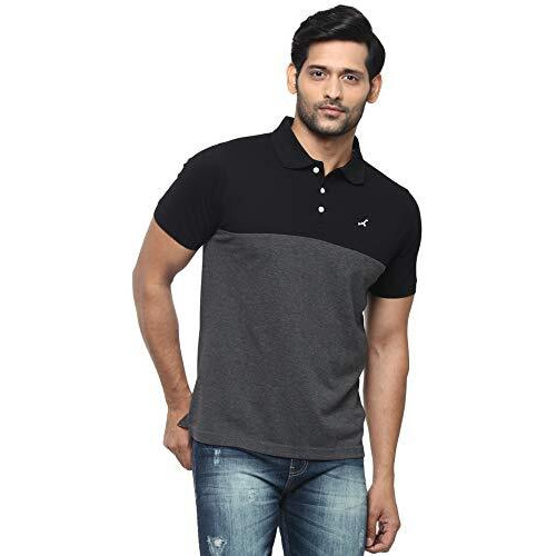 American Crew Men's Polo Regular Fit T-Shirt (Ac166-4Xl_Black & Charcoal Melange)