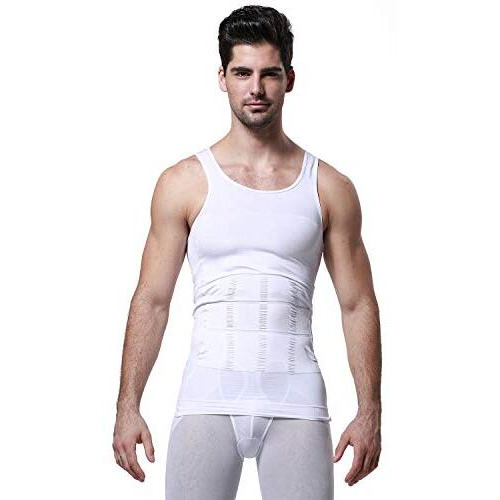 Wearslim Nylon Men's Slimming Casual Style Body Shaper Vest Shirt Abs Abdomen Slim Stretchable Tummy Tucker Vest (White) - Large