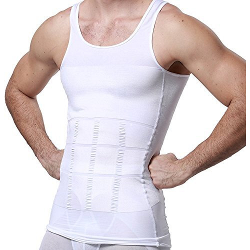 Wearslim Nylon Men's Slimming Casual Style Body Shaper Vest Shirt Abs Abdomen Slim Stretchable Tummy Tucker Vest (White) - Large