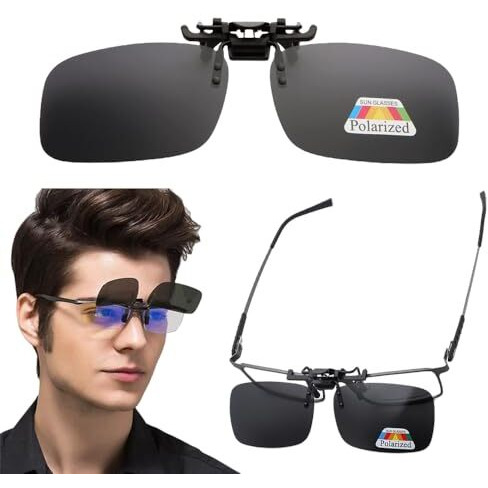 Fapiwen Polarized Clip On Sunglasses,Anti-Glare Driving Glasses For Prescription Glasses,Clip-On Flip Up Metal Clip Rimless Sunglasses For Men Women Fishing Running Travelling Outdoor(Black),Standard
