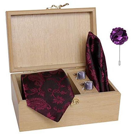 Nu-Lite Men's Micro Polyester Printed Necktie Set With Pocket Square, Brooch Pin And Cufflinks In Wooden Box (Wine Burgandy, Free Size)