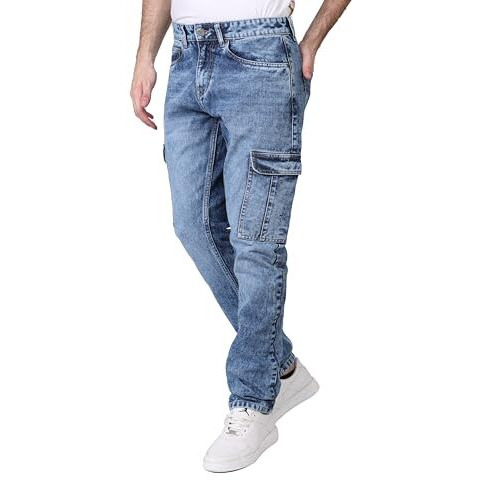 I'sol Men's Loose Baggy Fit Everyday Cargo Jeans With 6 Pockets Non-Stretchable Light Blue