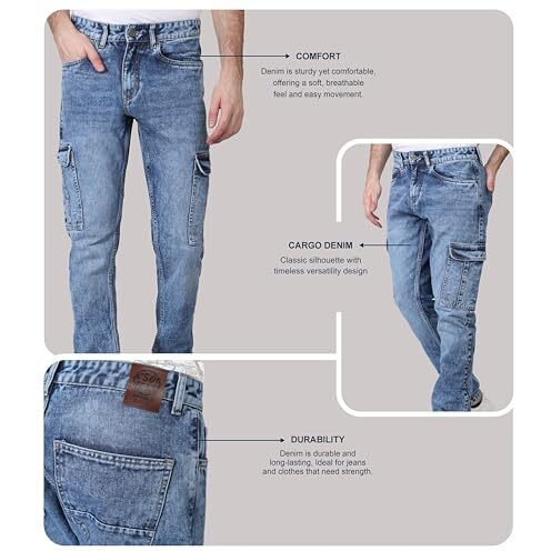 I'sol Men's Loose Baggy Fit Everyday Cargo Jeans With 6 Pockets Non-Stretchable Light Blue