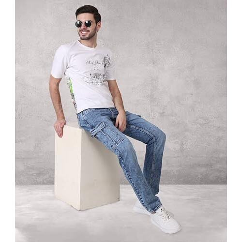 I'sol Men's Loose Baggy Fit Everyday Cargo Jeans With 6 Pockets Non-Mid Rise Stretchable Light Blue, 40