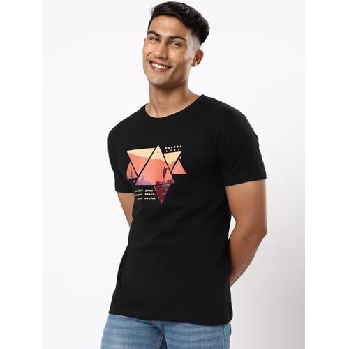 Bewakoof Men's Printed 100% Cotton T-Shirt - Regular Fit, Round Neck, Half Sleeves Black