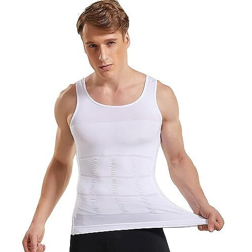 Ada Nylon Premium Men's Compression Casual Style Tank Top, Slimming Body Shaper Vest, Tummy Control Undershirts For Men - White (Large)