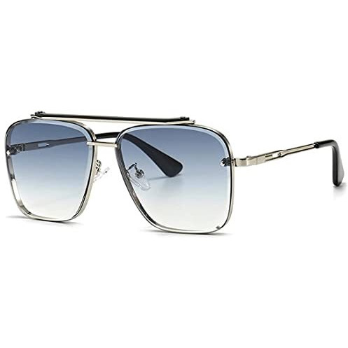 Elegante Uv Protected Driving Vintage Pilot Gradient Metal Body Square Sunglasses For Men And Women (Medium, C1 - Silver Frame/Gradient Blue Lens)