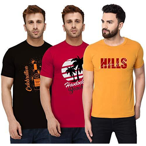 London Hills Men's Half Sleeve Cotton Blend Casual Round Neck Printed Regular Fit Non-Shrinkable T-Shirts (Pack Of 3)-Black Red Yellow, Large