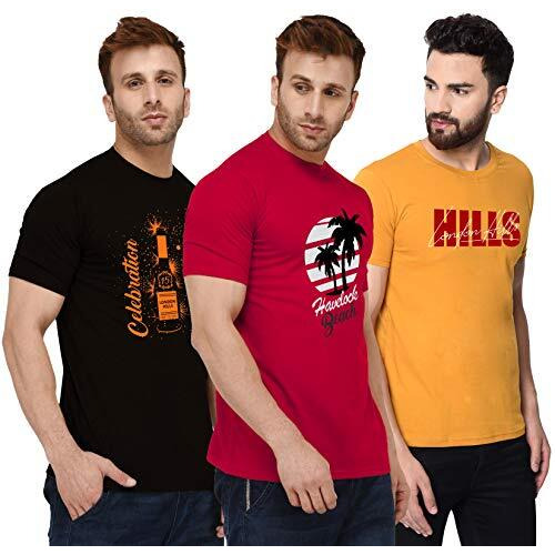 London Hills Men's Half Sleeve Cotton Blend Casual Round Neck Printed Regular Fit Non-Shrinkable T-Shirts (Pack Of 3)-Black Red Yellow, Large