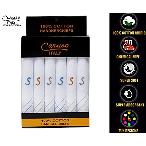 Caruso Italy Men's Initial Monogram R Embroidery 100% Pure Cotton Casual Style Handkerchief White Base With Colored Border - Pack Of 6