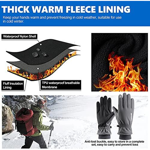 Zibuyu Cycling Winter Gloves For Men Women Bike Riding Gloves Touch Screen Finger Microfiber Anti-Slip Design Windproof Waterproof Snow Ski Gloves Hand Gloves (Grey), One Size