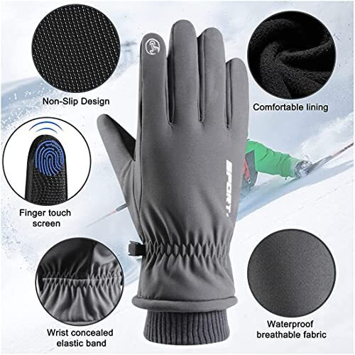 Zibuyu Cycling Winter Gloves For Men Women Bike Riding Gloves Touch Screen Finger Microfiber Anti-Slip Design Windproof Waterproof Snow Ski Gloves Hand Gloves (Grey), One Size