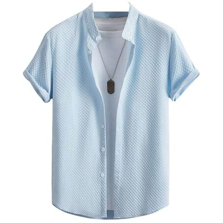 Swadesi Stuff Shirt For Men's | Men Stylish Shirt | Men Polycotton Shirt | Men's Regular Fit | Solid Color Casual Shirt | Chinese Collar Half Sleeve Shirt (In, Alpha, M, Regular, Sky Blue)