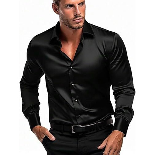 Indoprimo Men's Classic Fit Plain Satin Casual Shirt For Men Full Sleeve (In, Alpha, L, Black)