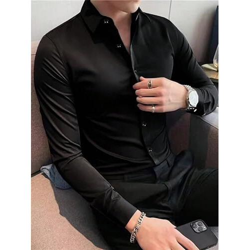 Indoprimo Men's Classic Fit Plain Satin Casual Shirt For Men Full Sleeve (In, Alpha, L, Black)