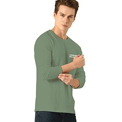 London Hills Cotton Printed Men Round Neck Full Sleeve Green Regular Fit-Shirt, Large.