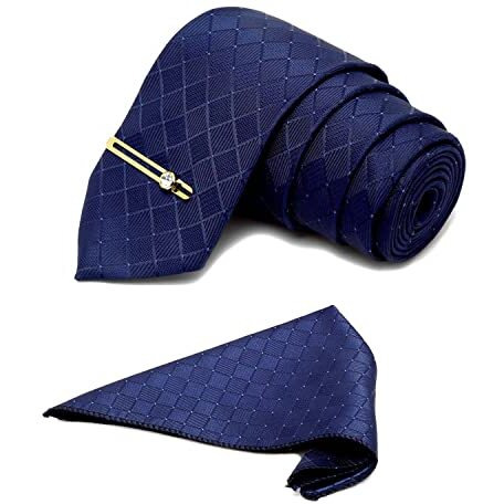 Louis Stitch Mens Marine Blue Italian Silk Necktie Set Incl Pocket Square Golden Tiepin American Style Formal Tie Gift Set For Men (Tegpbu037)