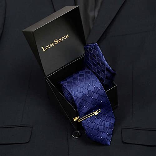 Louis Stitch Mens Marine Blue Italian Silk Necktie Set Incl Pocket Square Golden Tiepin American Style Formal Tie Gift Set For Men (Tegpbu037)