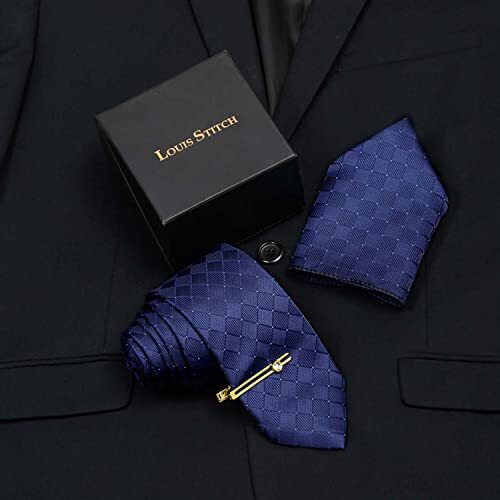 Louis Stitch Mens Marine Blue Italian Silk Necktie Set Incl Pocket Square Golden Tiepin American Style Formal Tie Gift Set For Men (Tegpbu037)