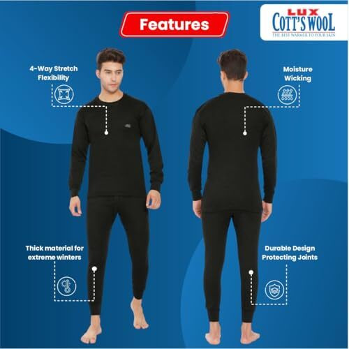 Lux Cottswool Men's Cotton R-Neck Thermal Set (Black, 2Xl- 100Cm)