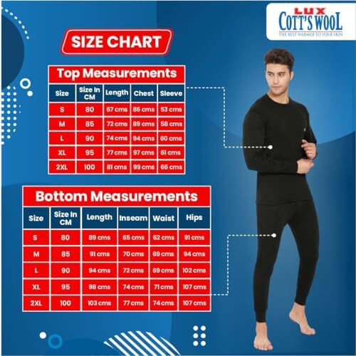 Lux Cottswool Men's Cotton R-Neck Thermal Set (Black, 2Xl- 100Cm)