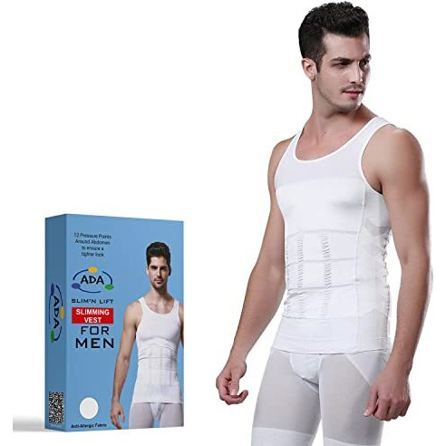 Ada MenS Slimming Body Shaper Vest Shirt Abs Abdomen Slim Stretchable Tummy Tucker Vest (White) - Large