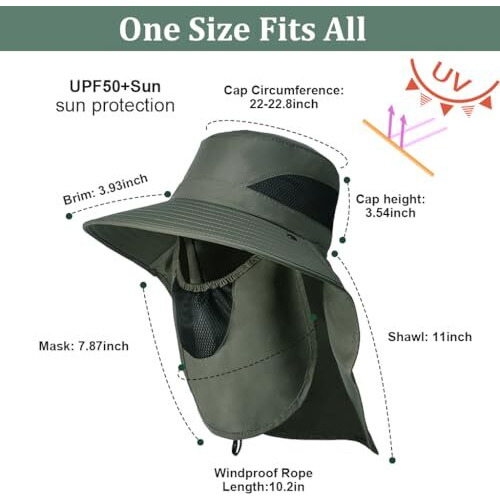Gustave Sun Hat Wide Brim Hat Hiking Uv-Protection Sun With Neck Flap & Removable Face Cover Green