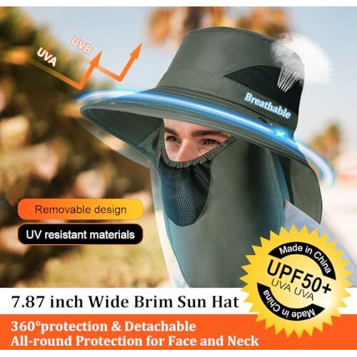 Gustave Sun Hat Wide Brim Hat Hiking Uv-Protection Sun With Neck Flap & Removable Face Cover Green