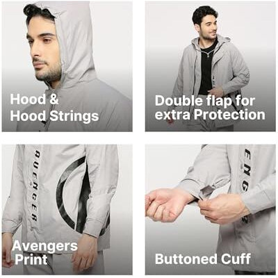 Citizen Polyester Avengers Reversible Casual Style Raincoat For Men With Waterproof Pant, Inbuilt Hood & Carry Bag Durable & Lightweight Rainsuit Light Grey, L, Large
