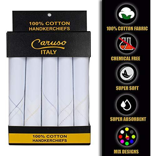 Caruso Italy Men's Luxury 100% Pure Cotton Casual Style Handkerchief White Base With Colored Border - Pack Of 5