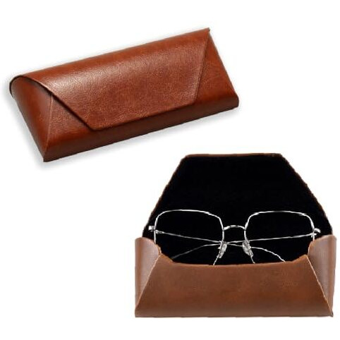 Gozaqe Eyeglass Case,Unisex Semi Foldable Sunglasses Cases Hard Shell For Men/Women, Pu Leather Eyeglass Box,Lightweight(Brown)