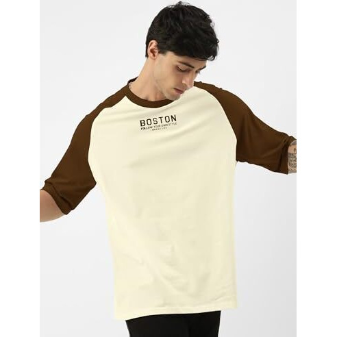 Maniac||Mens||Printed||Round Neck||Raglan||Half Sleeve||Beige & Brown||Cotton||Oversized||Tshirt